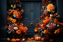 A Decorative Wreath Made Of Autumn Leaves And Pumpkins, Adding A Festive Touch To The Front Door Of A Home On Thanksgiving. Generative AI Technology.