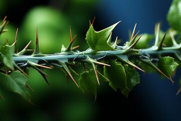 Poster - Close up thorn on a green background. Macro view.  Generative AI technology.