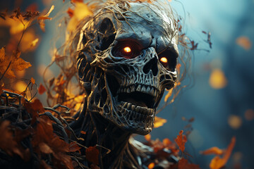 Poster - Beautiful abstract, Zombie on autumn leaves background.  Generative AI technology.