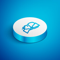 Poster - Isometric line Ukrainian cossack icon isolated on blue background. White circle button. Vector