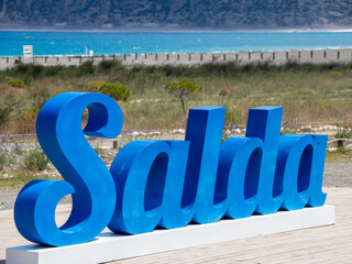 Canvas Print - Salda lettering with lake and mountains on the background