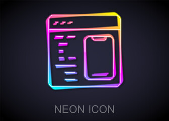Glowing neon line Software, web developer programming code icon isolated on black background. Javascript computer script random parts of program code. Vector