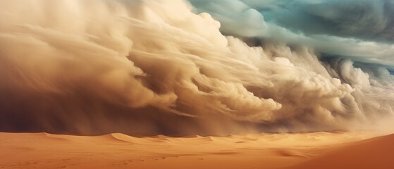 Wall Mural - landscape of light brown desert dunes and awe-inspiring turbulent sandstorm clouds forming at the horizon, vast panoramic open world expanse cloudscape - Generative AI