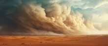 Landscape Of Light Brown Desert Dunes And Awe-inspiring Turbulent Sandstorm Clouds Forming At The Horizon, Vast Panoramic Open World Expanse Cloudscape - Generative AI