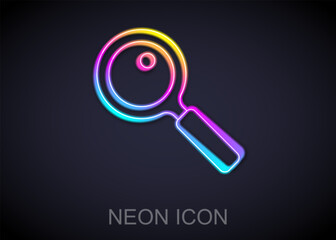 Canvas Print - Glowing neon line Magnifying glass icon isolated on black background. Search, focus, zoom, business symbol. Vector