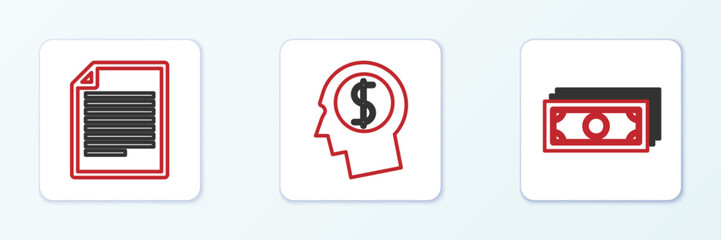 Canvas Print - Set line Stacks paper money cash, Document and Business man planning mind icon. Vector