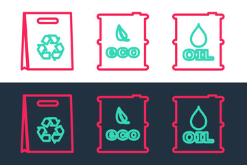 Poster - Set line Oil barrel, Shopping bag with recycle and Bio fuel icon. Vector