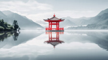 Red Chinese Pavilion In Lake
