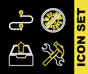 Sticker - Set line Stop virus, bacteria, Crossed hammer and wrench, Upload inbox and Route location icon. Vector