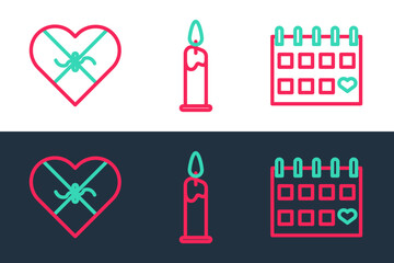 Poster - Set line Calendar with heart, Candy in shaped box and Burning candle icon. Vector