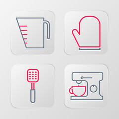 Sticker - Set line Electric mixer, Spatula, Oven glove and Measuring cup icon. Vector