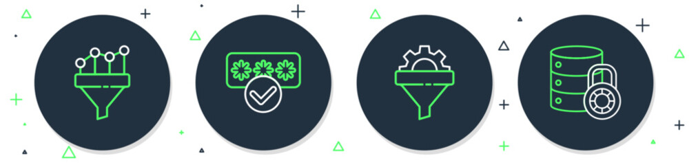 Canvas Print - Set line Password protection, Sales funnel with gear, chart and Server security lock icon. Vector