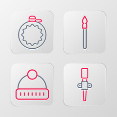 Poster - Set line Torch flame, Winter hat, Medieval spear and Canteen water bottle icon. Vector