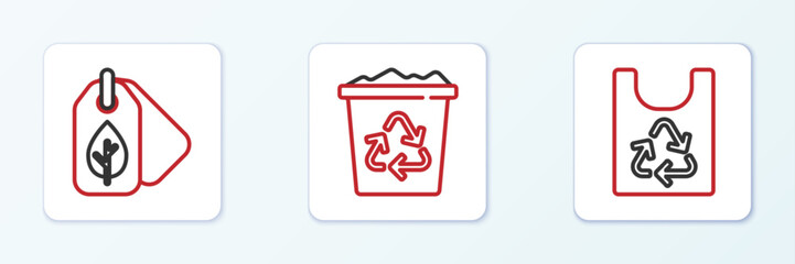 Poster - Set line Plastic bag with recycle, Tag leaf and Recycle bin icon. Vector