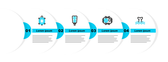 Wall Mural - Set line Whale tail, Photo camera for diver, Gauge scale and Turtle icon. Vector