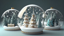 Christmas Trees, Baubles And Gift Boxes Inside Snow Dome. 3d Renderrender Ai Generated Image