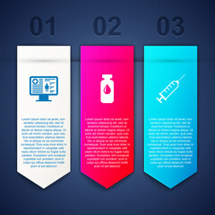 Sticker - Set Clinical record on monitor, Medical vial, ampoule and Syringe. Business infographic template. Vector