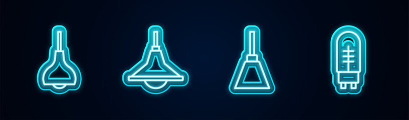 Sticker - Set line Lamp hanging, Chandelier, and Light emitting diode. Glowing neon icon. Vector