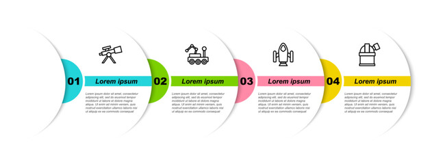 Sticker - Set line Telescope, Mars rover, Rocket ship and Astronomical observatory. Business infographic template. Vector