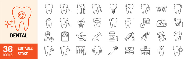 dental editable stroke outline icons set. dentist, care, disease, teeth whitening, removal, broken, 