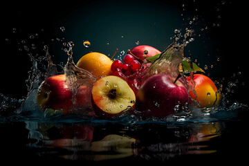 Wall Mural - fresh fruits splashing down on water in the dark