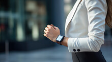 Modern Smart Watch On The Hand Of An Attractive Business Woman