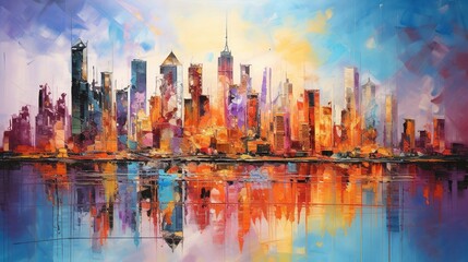 Generative AI, Abstract oil painting of a city with bold strokes in purple and orange colors, background with a skyscrapers