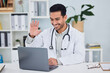 © Nadia L/peopleimages.com - Video call, doctor and man wave in online meeting, virtual support or clinic and healthcare service on computer. Happy medical worker or asian person on laptop, telehealth help and advice in office
