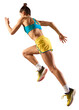 © Lustre Art Group  - Side view image of young musuclar woman, professional runner, athlete in motion, training isolated over transparent background