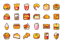 Pixel Art Fast Food Icons. 8 Bit Style Stickers Of Pixelated Fast Food Restaurant Meals - Fries, Burger, Bakery, Nuggets, Cakes, Beverages, Hot Dog, Sandwich, Ice Cream And Other Favorite Junk Food.