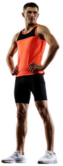 Full-length image of young muscular man in sportswear, running athlete posing isolated over transparent background