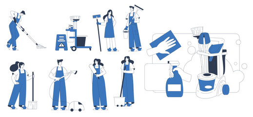 Wall Mural - Cleaning Service with Professional Worker Characters Vector Set