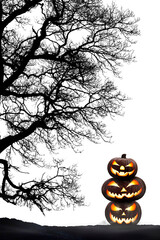 Wall Mural - a group of three halloween pumpkins, lanterns, with the silhouette of a tree celebrating halloween i