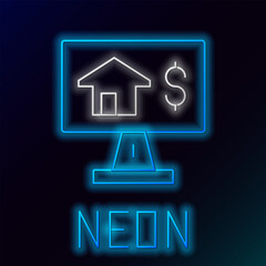 Poster - Glowing neon line Online real estate house in browser icon isolated on black background. Home loan concept, rent, buy, buying a property. Colorful outline concept. Vector