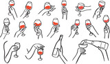Fototapeta Tulipany - Collection of different hands gestures hold wineglass or drink. Hand drawn style. Hand for logo in restaurant or bar. Vector illustration