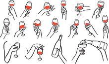 Collection Of Different Hands Gestures Hold Wineglass Or Drink. Hand Drawn Style. Hand For Logo In Restaurant Or Bar. Vector Illustration