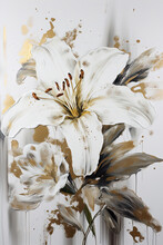 Abstract Floral Oil Painting. Gold And White Lily