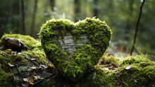 Forest Dig Cemetery, Funeral Background - Closeup Of Wooden Heart On Moss. Natural Burial Grave In The Woods. Tree Burial, Generative Ai