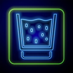 Poster - Glowing neon Glass with water icon isolated on blue background. Soda glass. Vector