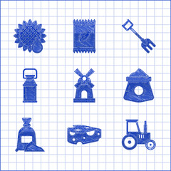 Sticker - Set Windmill, Cheese, Tractor, Bag of flour, Can container for milk, Garden rake and Sunflower icon. Vector