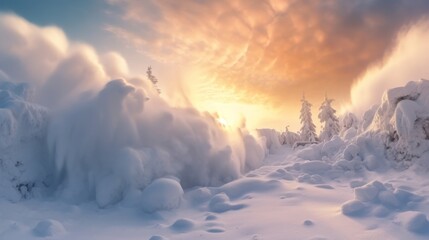 Wall Mural - Winter nature landscape shot which captures a powerful snow avalanche. Sunset with many fluffy snow. Generative AI 2