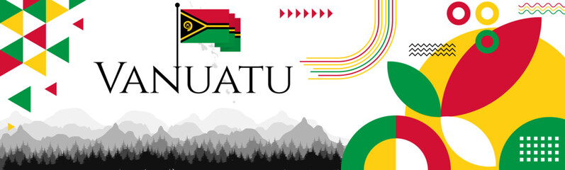 Vanuatu Independence Day abstract banner design with flag and map. Flag color theme geometric pattern retro modern Illustration design. Red and Green flag color template.