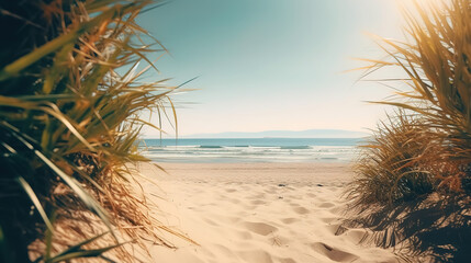 Wall Mural - sunny day at venice beach Summer background with frame, nature of tropical golden beach. Generative Ai