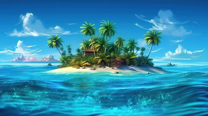 Wall Mural - Luxury hotel with water villas and palm tree leaves over white sand, close to blue sea, seascape. Generative Ai