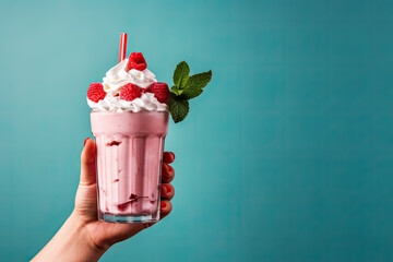 Wall Mural - Raspberry milkshake with whipped cream in female hand on blue background