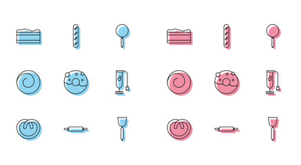 Sticker - Set line Pretzel, Rolling pin, Brownie chocolate cake, Spatula, Donut with sweet glaze, Blender, bun cinnamon and French baguette bread icon. Vector