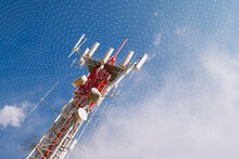Cell Phone Tower Emits 5G Signals. The Antenna Transmits Electromagnetic Waves.