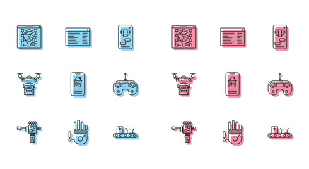 Set line Mechanical robot hand and screwdriver, Conveyor belt with cardboard box, Smart home, Remote control, Drone delivery concept and Software, web developer programming code icon. Vector
