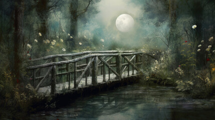 Wall Mural - Generative AI: fantasy landscape with wooden bridge to the sky amd big moon