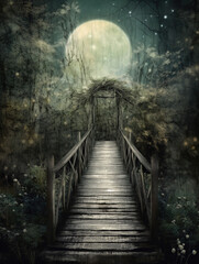 Wall Mural - Generative AI: fantasy landscape with wooden bridge to the sky amd big moon